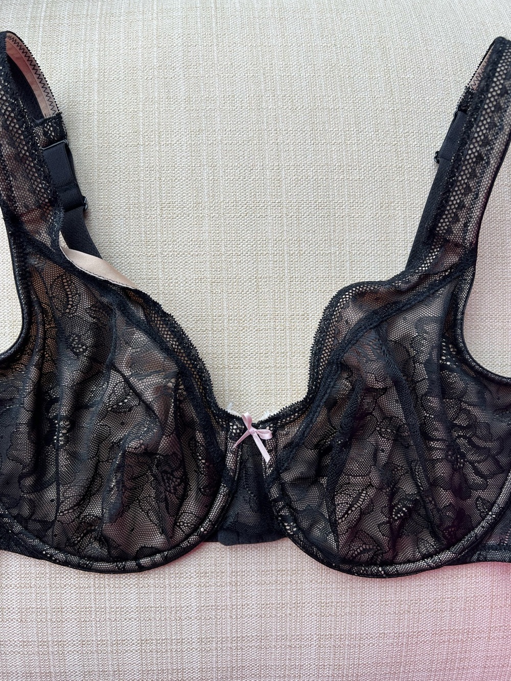 🆕 Cacique Black Lace Bra 42C Full Coverage Underwire Nude with Pink Bow LIKE NEW